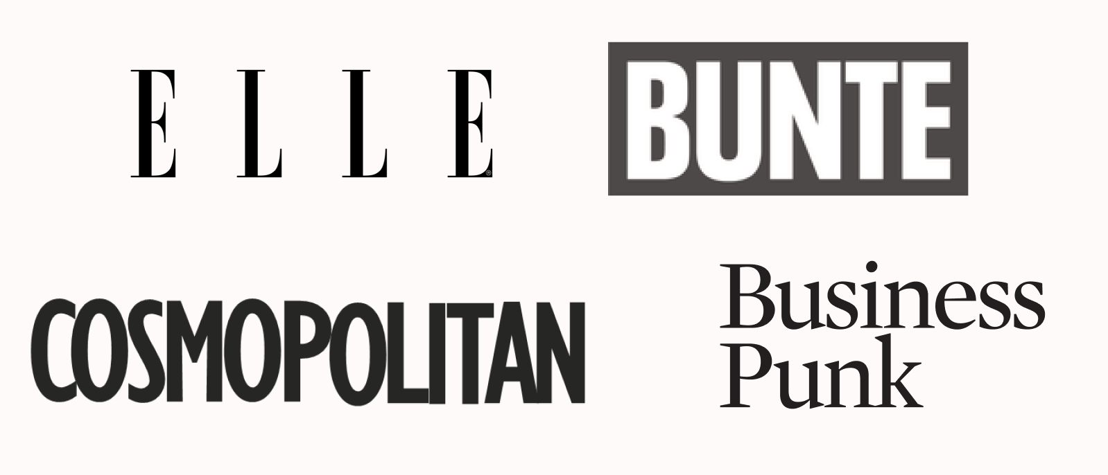 Vier Presse Logos von den Magazinen: Elle, Bunte, Cosmopolitan, Business Punk